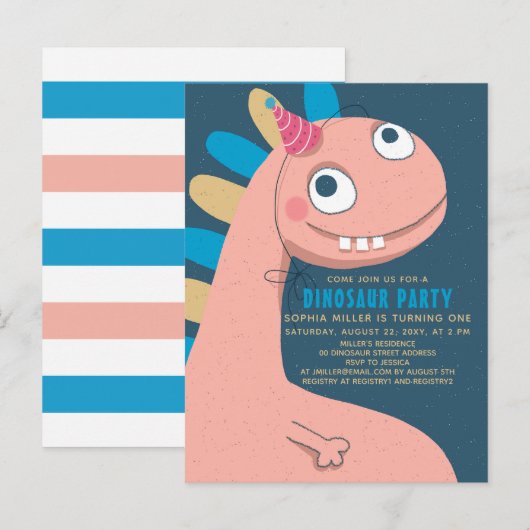 Dinosaur Pink Fun Cute Simple Kinder 1th Uitnodiging Briefkaart (Voorkant / Achterkant)