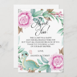 Dinosaur Pink Peony Baby shower Hartelijk dank Bedankkaart