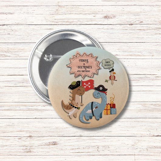 Dinosaur Pirate Twin Boys Verjaardagsfeestje Custo Ronde Button 5,7 Cm