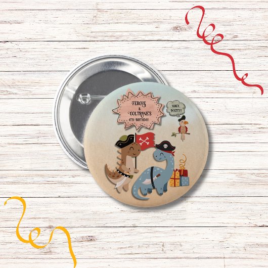Dinosaur Pirate Twin Boys Verjaardagsfeestje Custo Ronde Button 5,7 Cm