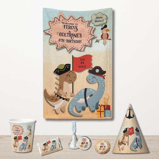Dinosaur Pirate Twin Boys Verjaardagsfeestje Custo Spandoek