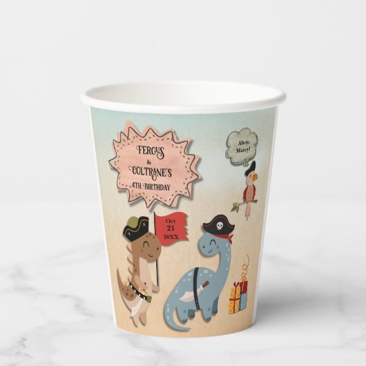 Dinosaur Pirate Verjaardagsfeestje Twin Boys Custo Papieren Bekers (Achterkant)