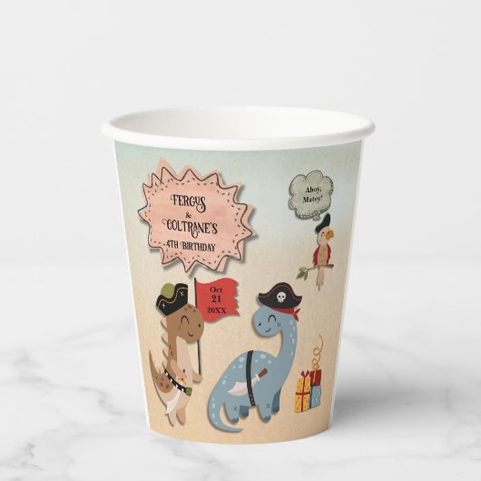 Dinosaur Pirate Verjaardagsfeestje Twin Boys Custo Papieren Bekers (Voorkant)