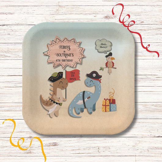 Dinosaur Pirate Verjaardagsfeestje Twin Boys Custo Papieren Bordje