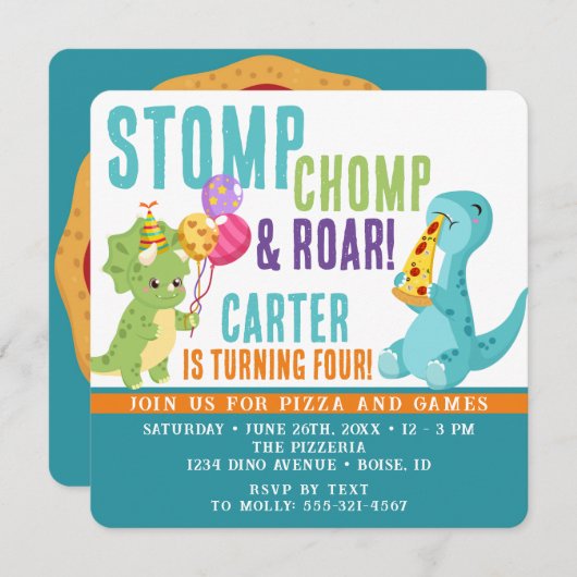 Dinosaur Pizza Party Square Invitation Kaart (Voorkant / Achterkant)