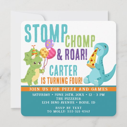 Dinosaur Pizza Party Square Invitation Kaart (Voorkant)