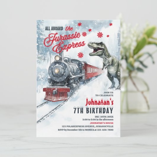 Dinosaur Polar Express verjaardagsfeestje uitnodig Kaart (Staand voorkant)
