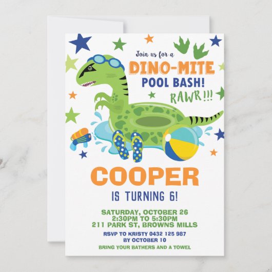 Dinosaur Pool Birthday Party Bash Boy Dino Floatie Kaart (Voorkant)