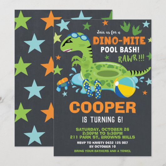 Dinosaur Pool Birthday Party Bash Boy Dino-miet Kaart (Voorkant / Achterkant)