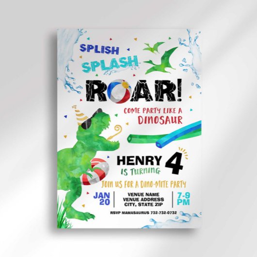 Dinosaur Pool Party Birthday Uitnodiging