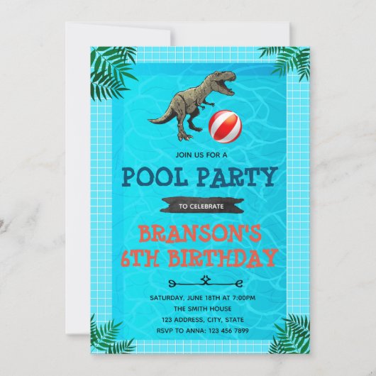 Dinosaur pool party thema uitnodiging (Voorkant)
