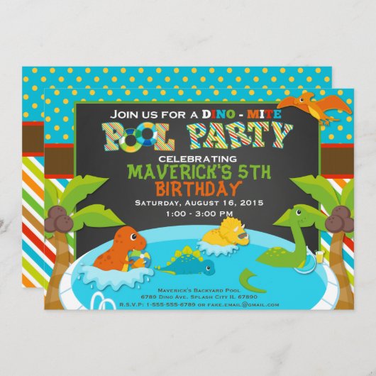 Dinosaur Pool Party Uitnodiging - Verjaardagsfeest (Voorkant / Achterkant)