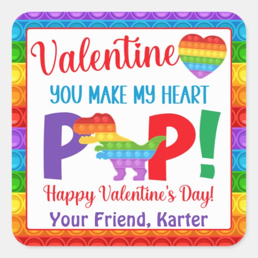 Dinosaur Pop It Kinderen Valentijnsdag Vierkante Sticker (Voorkant)