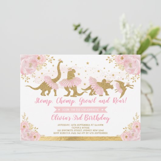 Dinosaur Princess Ballerina Pink Floral Birthday Kaart (Staand voorkant)