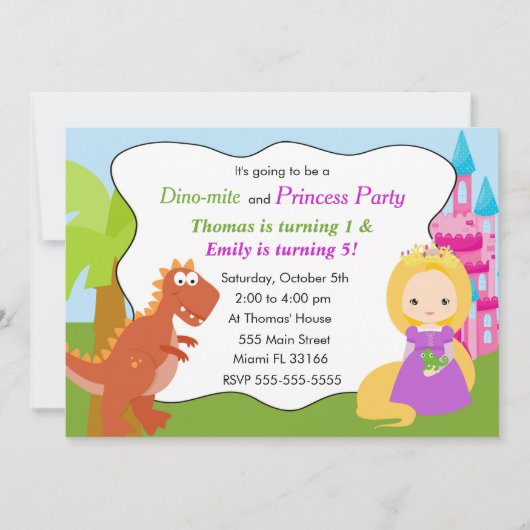 Dinosaur Princess Invitation Kids Birthday Party 1 Kaart (Voorkant)
