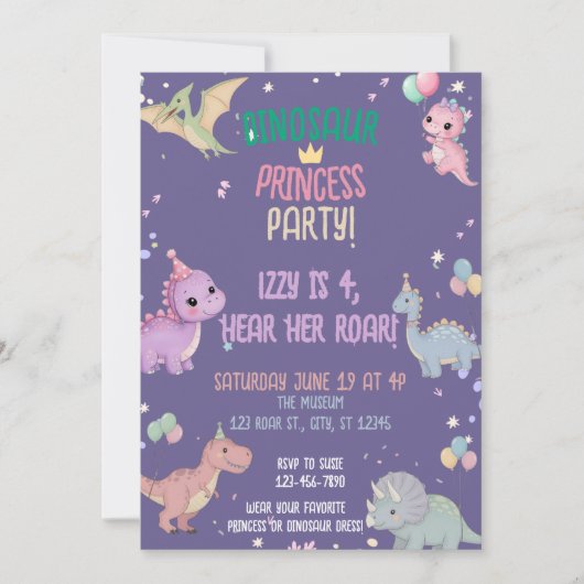 Dinosaur Princess Party 4e verjaardag Kaart (Voorkant)