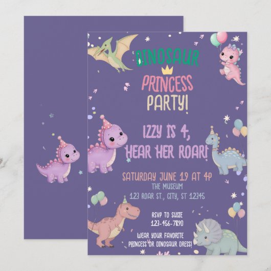 Dinosaur Princess Party 4e verjaardag Kaart (Voorkant / Achterkant)