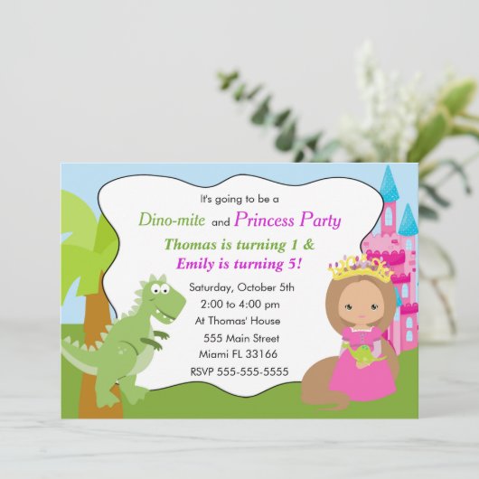 Dinosaur Princess Uitnodiging Kids Verjaardagsfees (Staand voorkant)