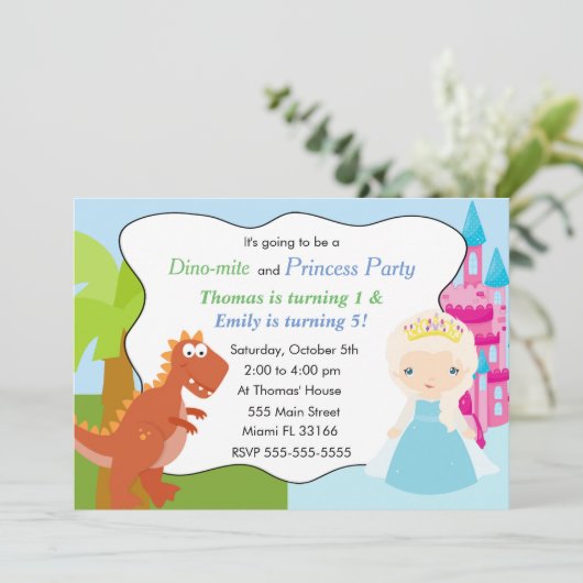 Dinosaur Princess Uitnodiging Kids Verjaardagsfees (Staand voorkant)