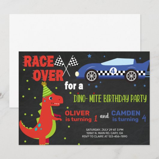 Dinosaur & race autobroeduitnodiging. kaart (Voorkant / Achterkant)