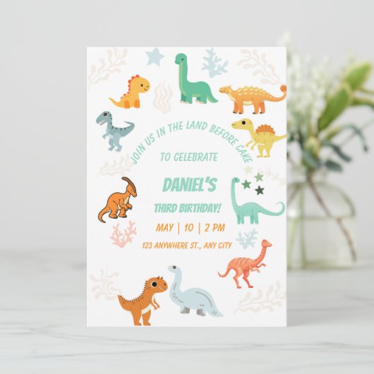 Dinosaur Rawr 3rd Birthday Party Boy Stomp Chomp Kaart (Staand voorkant)