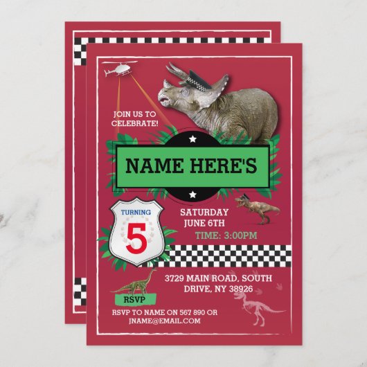 Dinosaur Red Cops Fun T-Rex Blue Kaart (Voorkant / Achterkant)