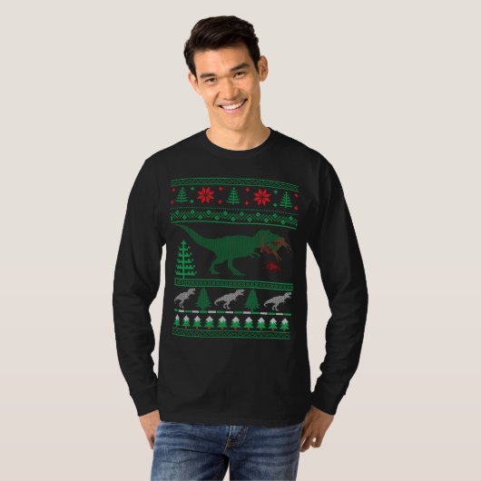Dinosaur Reindeer Tree Rex Ugly KerstSweater T-shirt (Voorkant volledig)