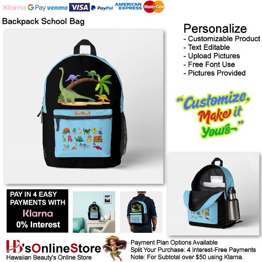 Dinosaur Reptiles Black & Blue School Backpack 26 Bedrukte Rugzak