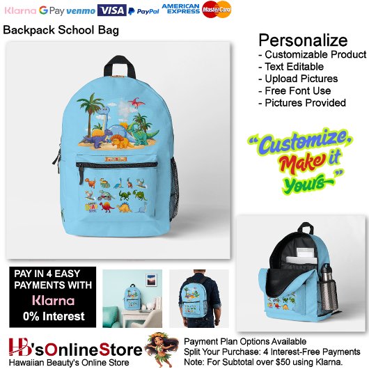Dinosaur Reptiles Blue School Backpack 33 Bedrukte Rugzak