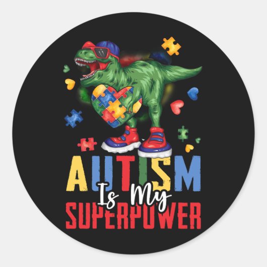 Dinosaur Rex Autism is mijn Superpower autisme Awa Ronde Sticker (Voorkant)