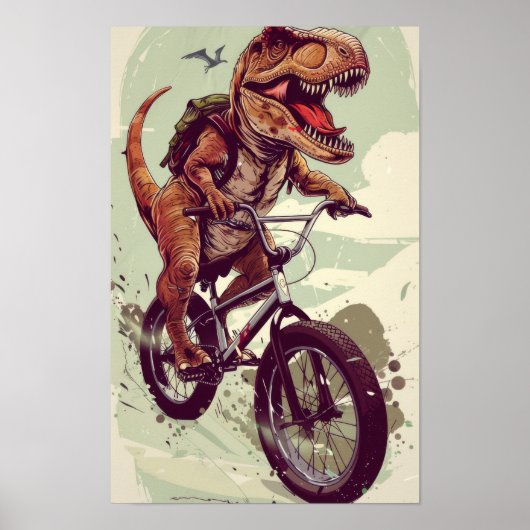 Dinosaur Riding Bike Illustration Poster (Voorkant)