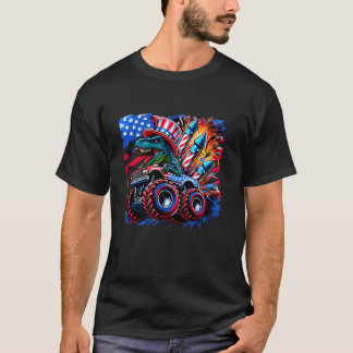Dinosaur Riding Monster Truck Boys 4 juli Fir T-shirt