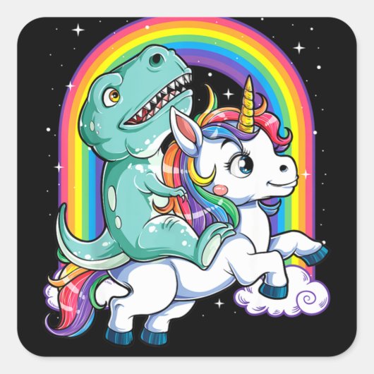 Dinosaur Riding Unicorn Kids Rainbow Vierkante Sticker (Voorkant)