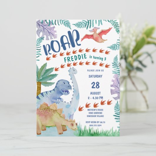 Dinosaur Roar Any Age Boys Birthday Uitnodiging (Staand voorkant)
