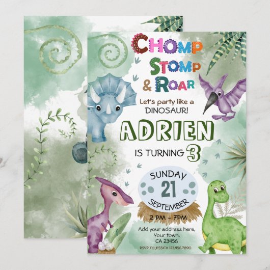 Dinosaur Roar Birthday Party Invitation Kaart (Voorkant / Achterkant)