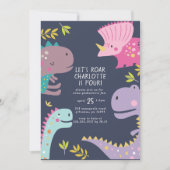 Dinosaur Roar Girls Birthday Paars Kaart (Voorkant)