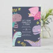 Dinosaur Roar Girls Birthday Paars Kaart (Staand voorkant)