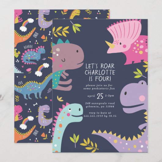 Dinosaur Roar Girls Birthday Paars Kaart (Voorkant / Achterkant)