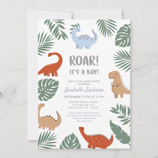 Dinosaur Roar Het is een Jongen Baby shower Uitnod Kaart (Voorkant)