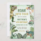 Dinosaur Roar Into Four 4th Birthday Party Kaart (Voorkant)