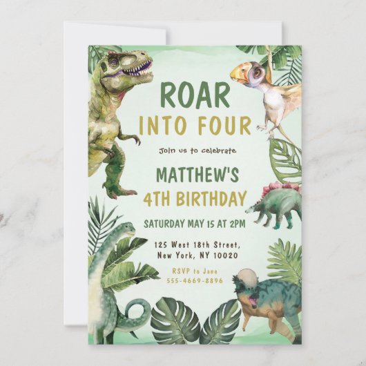 Dinosaur Roar Into Four 4th Birthday Party Kaart