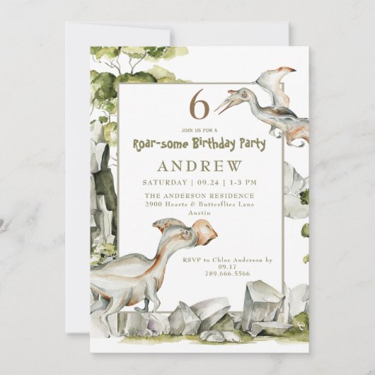 Dinosaur Roar-some verjaardagsfeestje uitnodiging (Voorkant)