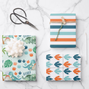 Dinosaur Roar T-Rex Triceratops Tracks Stripes Inpakpapier Vel