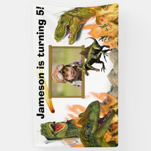 Dinosaur roar T-rex vlammenmeteorietfotoverjaardag Spandoek (Verticaal)