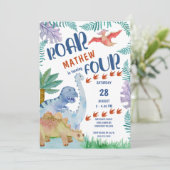 Dinosaur Roar .. wordt vier Boys 4de verjaardag Kaart (Staand voorkant)