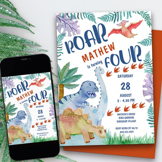 Dinosaur Roar .. wordt vier Boys 4de verjaardag Kaart