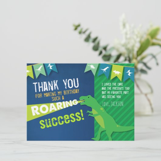 Dinosaur Roaring Boy Birthday Dank je wel Bedankkaart (Staand voorkant)