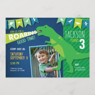 Dinosaur Roaring Boy Birthday Party Invitation Kaart