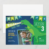 Dinosaur Roaring Boy Verjaardagsfeestje Uitnodigin Kaart (Voorkant / Achterkant)