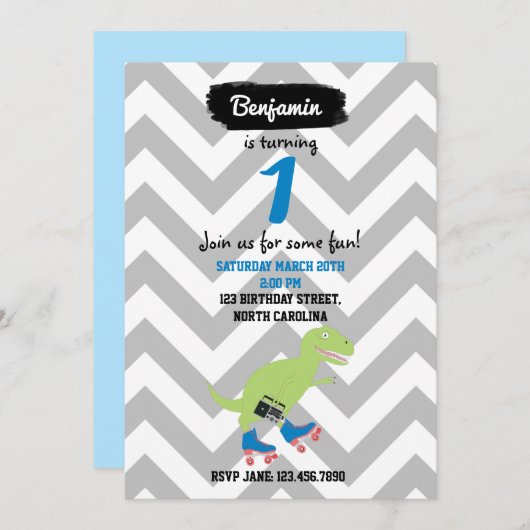 Dinosaur Roller Skating Holding Radio Birthday Kaart (Voorkant / Achterkant)